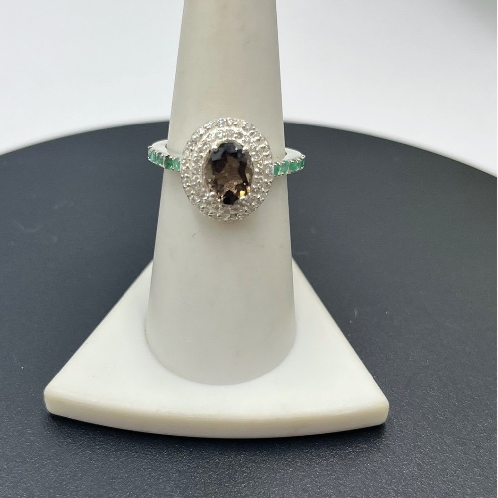 Natural Smoky Quartz Oval Halo Sterling‎ Double Diamond Emerald Band Ring 4.0g